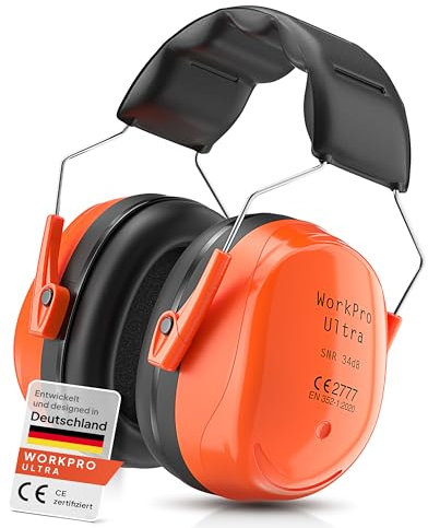 Senner ® WorkPro Ultra | Cuffie Antirumore per Lavoro e Tempo Libero – Paraorecchie di Sicurezza Regolabili, Cancellazione del Rumore, SNR 34 dB, Protettori Auricolari CE Nero/Arancione, Unisex