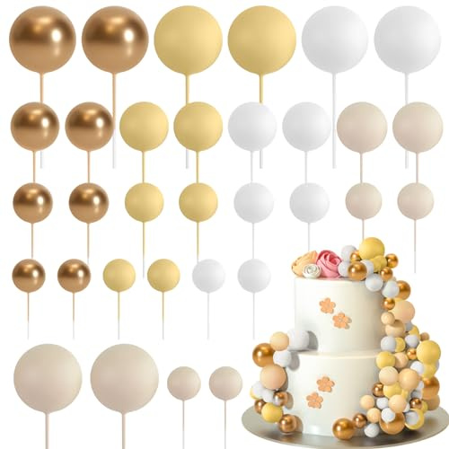 ASTARON 32 Stück Tortendeko Kugeln Cake Topper, Mini-Ballons Tortenaufleger für Hochzeit Party Babyparty Geburtstag Torte Dekorieren (Gelbes, Gold)