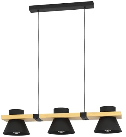 EGLO Hängelampe Maccles, 3-flammige Pendelleuchte über Esstisch, FSC100HB | Esszimmerlampe aus Holz und Metall in Schwarz, Hängeleuchte mit E27 Fassung, 78 cm