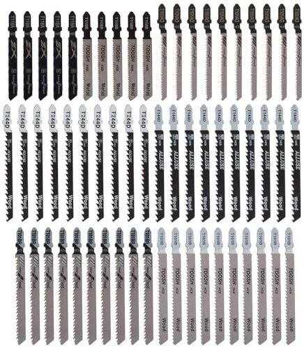 60pcs T Shank Jigsaw Blades Set, Assorted Jig Saw Blade Set Made with HCS/HSS for Wood Plastic and Metal Cutting, Fits Most Jig Saw Models