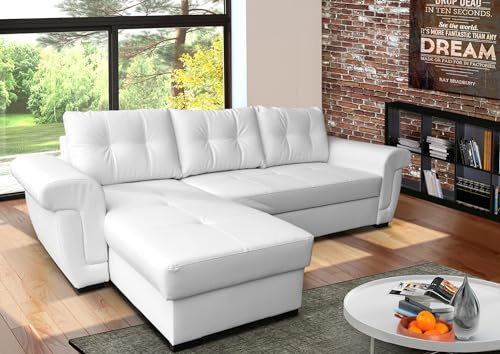 Corner Sofa Bed in White PU Leather, Large Storage Compartment. L Shaped Sofa Bed Left or Right