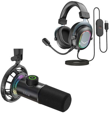 FIFINE Mikrofon PC und USB Headset, Dynamische Microphone und Over Ear Kopfhörer mit 3 EQ Modi, Surround Sound und Kabel, für Gaming Podcast Streaming Studio PS4 PS5 (K658+H6)