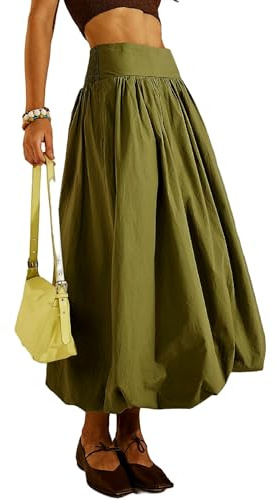 Aonoapll Y2k Women Bubble Maxi Skirt Casual Elastic Low Waist Flowy A Line Long Skirt Summer Ruffle Balloon Skirt(Aa Green,Small)