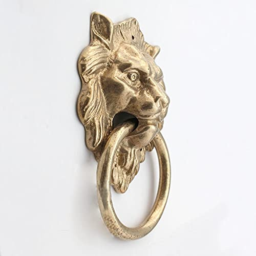 Battenti per Porta d'ingresso in Ottone, Maniglia per Porta a Testa di Leone Manopola per Cancello Vintage con Grande Anello Tondo, per Recinzione Esterna Porta in Legno, Oro