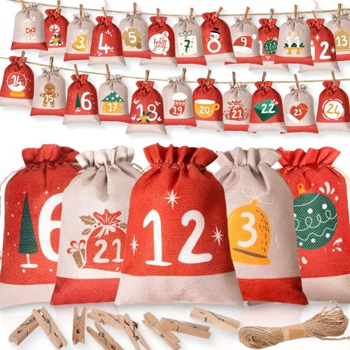 Adventskalender zum Befüllen Groß – Adventskalender Selber Befüllen mit 24 Jutesäckchen 18x13cm, DIY Weihnachtskalender Säckchen zum Befüllen für Kinder, Weihnachtsdeko 2025