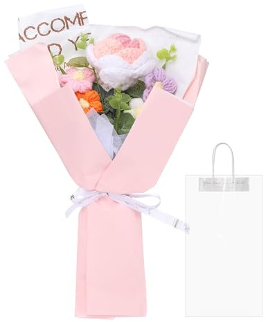 sourcing map Crochet Flowers Bouquet, Rose Handmade Knitted Bouquet, Crochet Artificial Flower for Mother's Day Birthday, Wedding Graduation, Gradient Powder