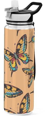 Mnsruu Transparente Sport-Wasserflasche mit Strohhalm, auslaufsichere Trinkflasche, Vintage, bunte Fahrradflaschen für Sport, Büro, Schule, BPA-freier Tritan-Kunststoff, 1 Liter