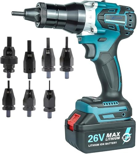 Remachadora automática, juego de pistola de tuerca de remache eléctrica, persiana portátil, con batería de 26 V, 5200 mAh, ideal para tuercas M3 M4 M5 M6 M8 M10 M12