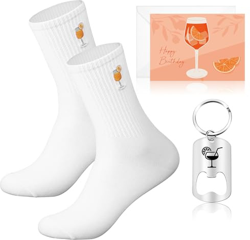 Hestya Ensemble d'Anniversaire pour Amateurs de Cocktails 1 Porte-Clés Décapsuleur 1 Chaussettes Aperol 1 Carte d'Anniversaire Happy Birthday Seidel avec Enveloppe pour Homme Femme