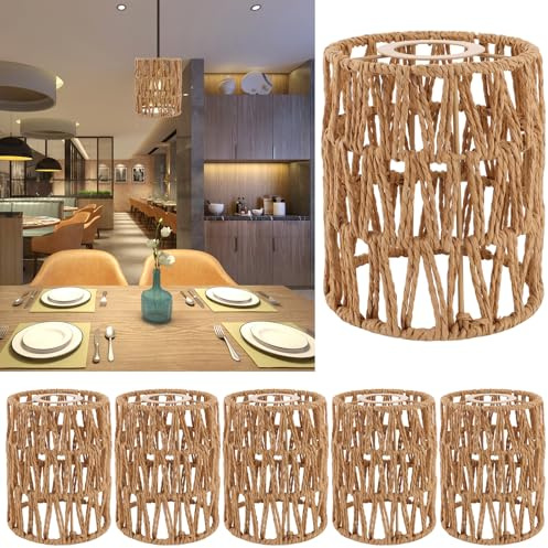 AKOLAFE 6 Stück Lampenschirm Hängelampe Boho 12x12x15cm Lampenschirm Rattan Papierlampenschirm Ersatzschirm Zubehör für Stehlampe, Tischlampe, Pendelleuchten, Hängelampenschirme