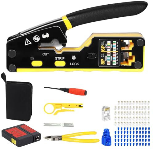 Vmxlso Crimpzange rj45, Netzwerk Werkzeug Set mit Lan Kabel Tester, Netzwerkstecker, Knickschutz, Crimpzange Netzwerkstecker Für 8P rj45 Cat6 Cat5/5e Cat7 6P rj11 rj12 Telefon
