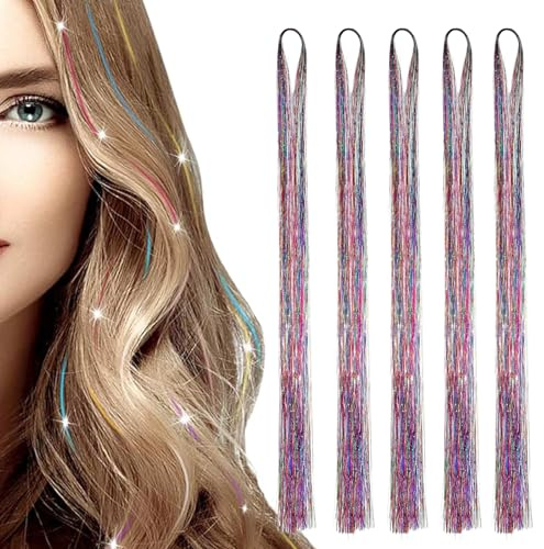 Tinsel Hair Extensions, 1200 Ciocche 47 Pollici Fili Glitter per Capelli Colorati Scintillio Resistente, Fairy Hair Tinsel Extensions, Bling Dritto Festa Orpello Capelli per Party Bar Cosplay