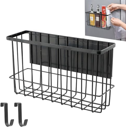 JIANWEI Magnetic Basket Organizers, Fridge Kitchen Holder Magnetic Pen Holder Whiteboard Metal Wire Basket with Hooks, Space-Saving Fridge Spice Rack Organizer for Sponge Recipe Wrap(COLOR:Black)