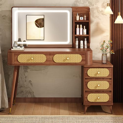 LGYWPA Toalettbord med 3 färgjusterbar ljusstyrka LED-lampor Spegel, Sminkbord för sovrum med 4-5 stora lådor och 3 hyllor förvaring, Trä Modern Smink Vanity Desk,100cm