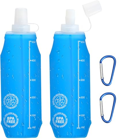 VOSSOT Vikbara dricksflaskor, 2 stycken, 500 ml med karbinhake, ultralätt, mjuk flaska, BPA-fri, sportflaska, läckagesäker, utrymmesbesparande, perfekt för jogging, vandring, camping, cykling och