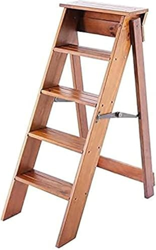 Holz-trittleitern Klapphocker 5-stufig, Multifunktions-steigleiter-Regal, Für Küche/Büro/Bibliothek Trittleiter Maximale Belastung 150kg, Wood Color