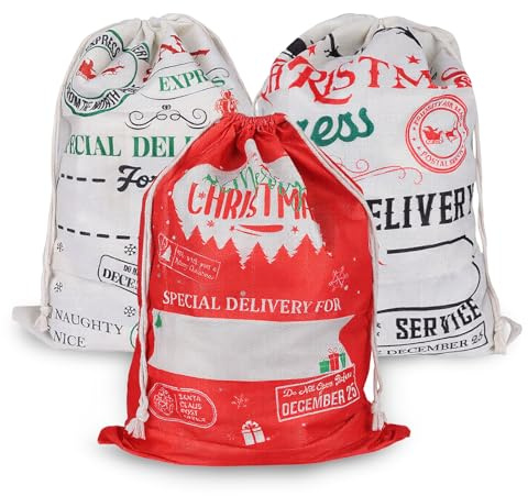 3 Stück Weihnachtssack – Weihnachtsmann Sack Groß mit Kordelzug, Geschenktasche Weihnachten aus Leinenoptik, 70 × 50 cm personalisierbarer Weihnachtssack für Kinder & Familie