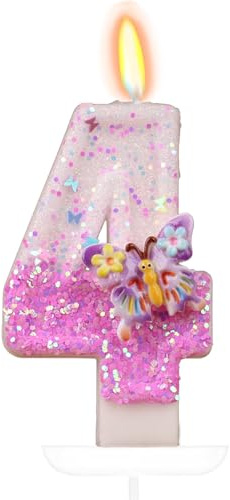 Tourima Kerze 4 Geburtstag Mädchen & Junge, Glitzer Zahlenkerze Schmetterling, Zahlen Kerzen Geburtstag, Geburtstagskerze Kinder, Tortendeko Prinzessin, Kerzen Torte, Deko Mädchen 4 Jahre