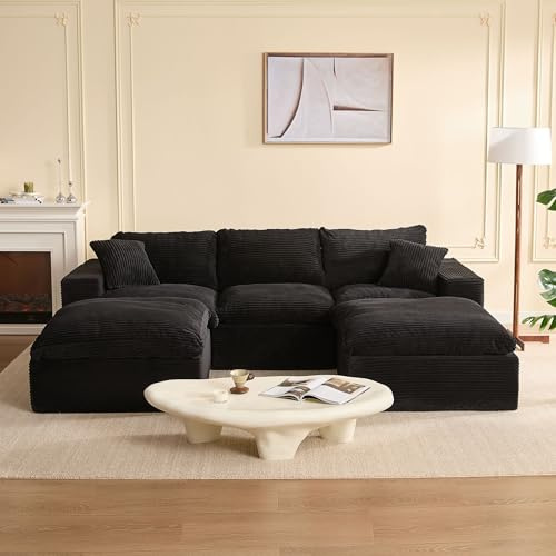 Litbird Modular Sectional Sofa and Sofa Bed, L-Shaped Cloud Couch with Memory Foam, No Assembly, Deep Seat,Set of Corduroy Convertible Sofa for Living Room (Black, 268 cm U-Shaped)