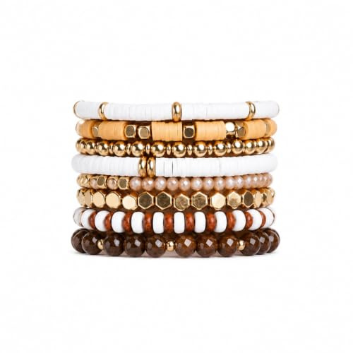 kicder Bohemian Gold Plated Beaded Stretch Bracelets Set, Surfer Heishi Clay Bead Stackable Elastic Bangles for Women, Boho Layering Friendship Jewelry