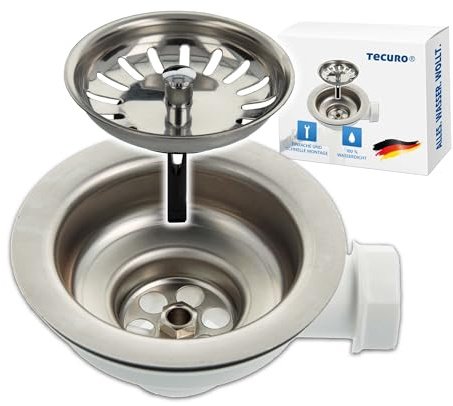 tecuro Spülen-Siebkorbventil 3 1/2 Zoll mit Geräteanschluss und herausnehmbarem Siebkorb aus Edelstahl für Küchensiphons - 53302