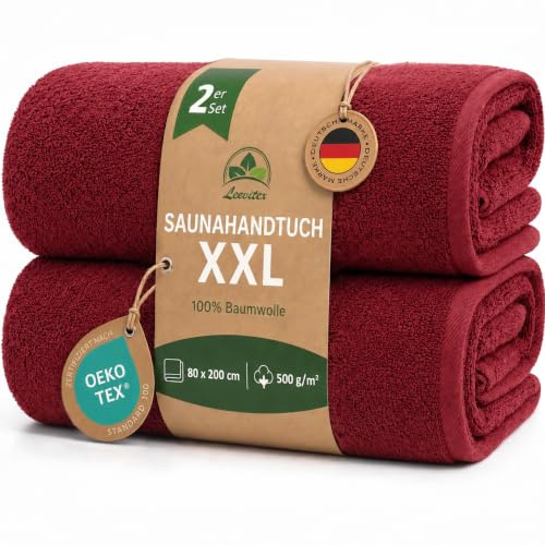 leevitex Saunahandtücher XXL 2er Set 80x200 cm, 100% Baumwolle, Badetuch | Flauschig & saugstark · OEKO-TEX zertifiziert · 100% Baumwolle, 500 g/m² Premium-Frottee, Bordeaux