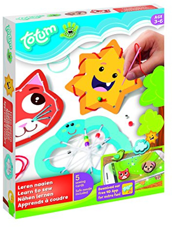 Totum Little Creators Bastel-Set: Nähen lernen mit verschiedenen Nähhilfeschablonen, farbigen Wollfäden, Nadel und Perlen