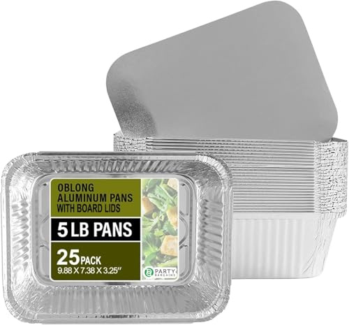 PARTY BARGAINS 5 Lb. Aluminum Foil Pans with Lids - 25 Count Set with Board Lids, 9 x 7 Inches Oblong Pan Food Container for Hot and Cold Use (Max 240°C)