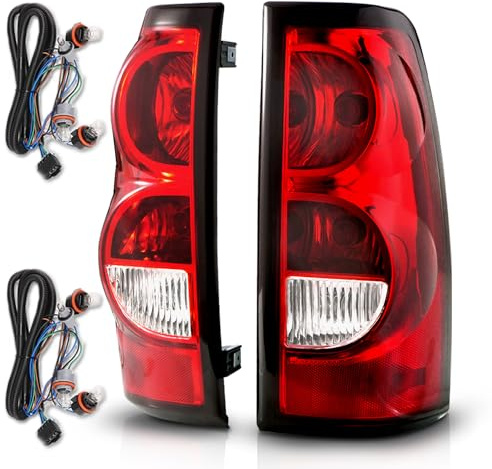 AmeriLite for 2003-2006 Chevy Silverado OE Style Ruby Red Replacement Taillights Rear Brake Lamp Set with Incandescent Bulbs and Harness Vehicle Light Assembly - Passenger and Driver Side