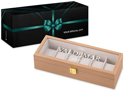 Maverton Uhrenkoffer mit Gravur für 6 Uhren - Uhrenschatulle - personalisiert - Uhrenaufbewahrungsbox aus Holz - braun 31x11x8cm - Geburtstagsgeschenk für Männer - Vorname