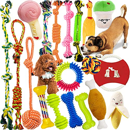 MAISITOO 19-teiliges Set Hundeseilspielzeug, vermeidet Langeweile und Angst bei Welpen, Zahnungsset für kleine, mittelgroße und große Hunde, Baumwollseil, Quietschspielzeug, interaktives Kauspielzeug,