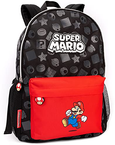 Super Mario Nintendo Backpack For Boys & Girls | Kids Toad Mushroom Black School Rucksack 16 Inch | Gamer Bag With Adjustable Straps One Size