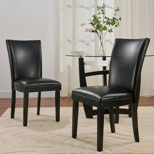 Parsons Dinning Chairs Set of 2 with UP High Back,Solid Wood Kitchen Chairs with Upholstered, Holds 300 Lbs, Leather Accent Chairs, 38.6H Easy Assembly for Dinning Room, Home Office Black CY1331BK