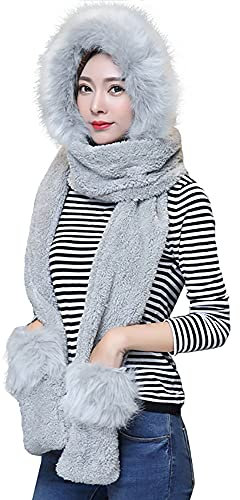 iNelihoo 3-in-1 Damen Winter Kapuzenschal mit Fäustlingen Thermal Kunstpelz Kapuzenschal Neckwarmer Hoodie Tasche Warmer Outdoor-Ohrschal Winddicht Kälteschutz Mütze Schal Handschuhe Set