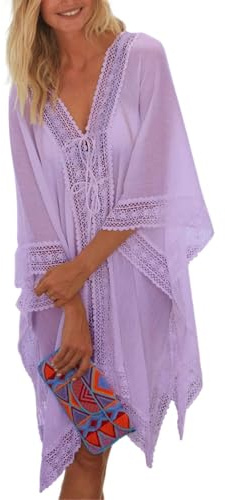 JFAN Copricostume con Scollo a V Cover up Mare Donna Pizzo Copribikini Vestiti Bianco Abito da Spiaggia Mini Abito Vestito Beachwear con Coulisse,Viola,Taglia Unica