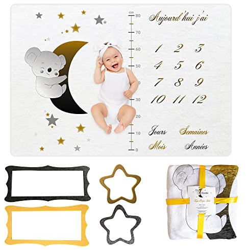 Couverture Étape Bébé en Français | Tapis Evolution | Garçon ou Fille, Unisexe | Lune, Étoiles, Koala | Suivi Âge & Taille | Cadeau Naissance | Doux & Confort | 120x100cm