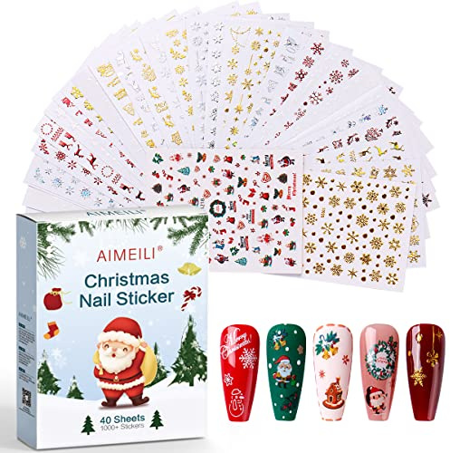 AIMEILI 40 Blatt Nagelsticker Weihnachten 3D Nail Art Sticker Weihnachten Christmas Stickers für Nails Xmas Nail Art Decorations