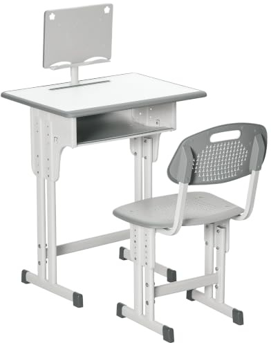 HOMCOM Kids Desk and Chair Set Adjustable Height Drawer Book Stand Grey