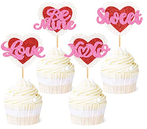 Blumomon 24 Stück Glitzer Happy Valentine's Day Cupcake Topper Sweet Love Herz Note Be Mine Kuchen Dekorationen für süße Liebe Hochzeit Verlobung Valentinstag Brautdusche Party Kuchen Dekorationen