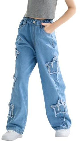 Rolanko Vaqueros Anchos para Niñas Pantalón Denim Patchwork de Cintura Elástica y Pierna Ancha, Azul, Tamaño: 140