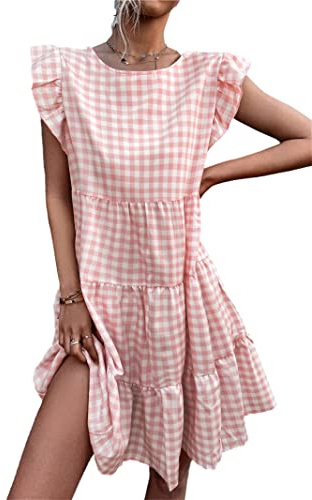 Vestido a Cuadros de Manga voladora Plisado y Plisado