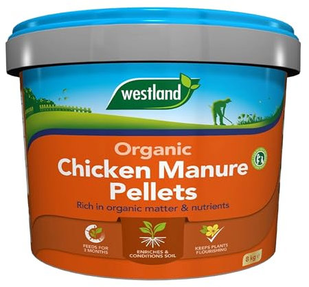 Chicken Manure Plant Food Fertiliser - 8kg Organic Composted Chicken Poultry Manure Plant Feed Pellets for Outdoor Garden Plants. Fertilizer for Vegetables, Tomato Feed with Topline Card.