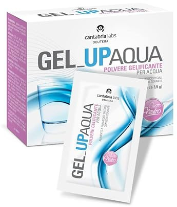 Deutera, Gel Up Aqua, Polvere gelificante addensante per liquidi e bevande a base di gomma di xanthan, per disfagia, 20 bustine da 3,5 gr