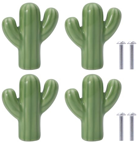 4Pcs Poignée en Céramique Boutons de Meuble Cactus pour Tiroir, Chambre d'Enfant, Armoires, Bibliothèque (Vert)