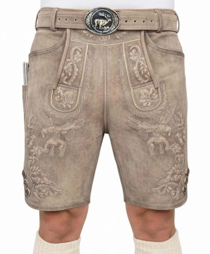 Oktoberfest Lederhose, Trachtenlederhose kurz aus Wildbock Leder, Bayrische Lederhose Herren mit Gurtel Gr 46-58 (DE/NL/SE/PL, Numerisch, 58, Regular, Kurz)