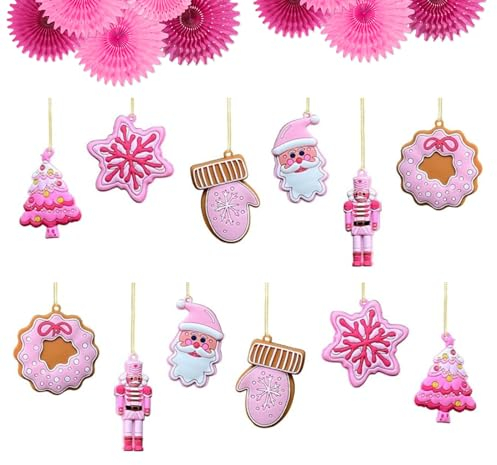 Aisszhao 12pc Pink Christmas Nutcracker Ornaments for Tree Decor - Mini Puppet King, Santa Claus Hanging, Winter Holiday Party