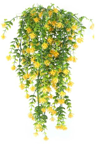 HBell Künstliche Hängeblumen, UV-beständig, künstliche Hängepflanzen, Blumenstrauß, hängende Ranken, Hängepflanzen für Wand, Haus, Garten, Hof, Terrasse, Hochzeit, Innen- und Außenbereich, Gelb, 2