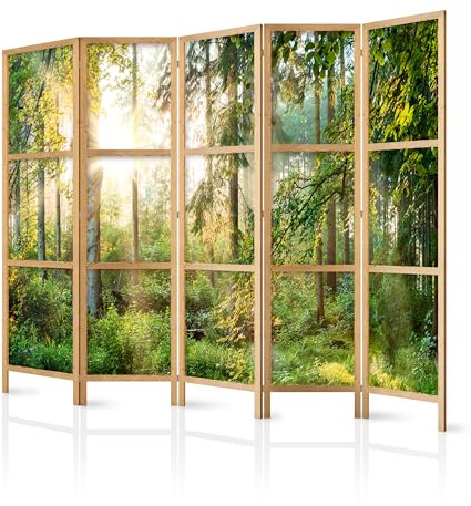 murando - Paravent Raumteiler Holz Natur, 225x172 cm, 5-teilig, Wohnzimmer | Mobiler Sichtschutz, sofort einsatzbereit, Holzrahmen, ideal fürs Wohnzimmer oder Büro, geruchsneutral, lichtbeständig