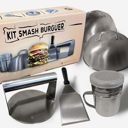 COARJAP – Kit Smash Burger – 1 aplastador de Hamburguesas, 1 Espátula Acero Inoxidable, 2 Campanas para Hamburguesas y 1 Espolvoreador de Especias – EU Certificado Apto Contacto con Alimentos