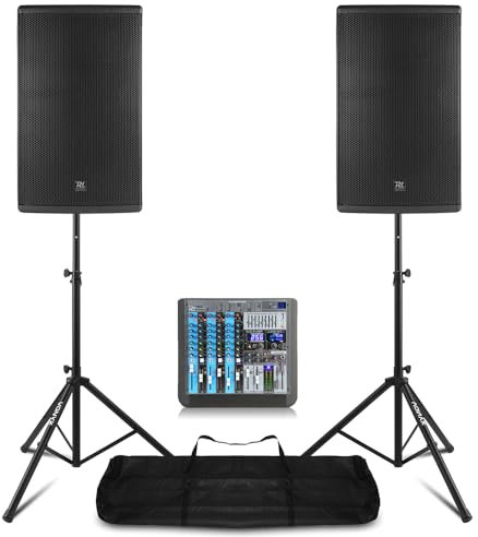Power Dynamics PD415A Live Band PA System with 15-Inch Speakers & PDM-S804 Mixer, Active PA System for Church Events, 2800W Bi-Amplified Sound with Bluetooth and USB Playback